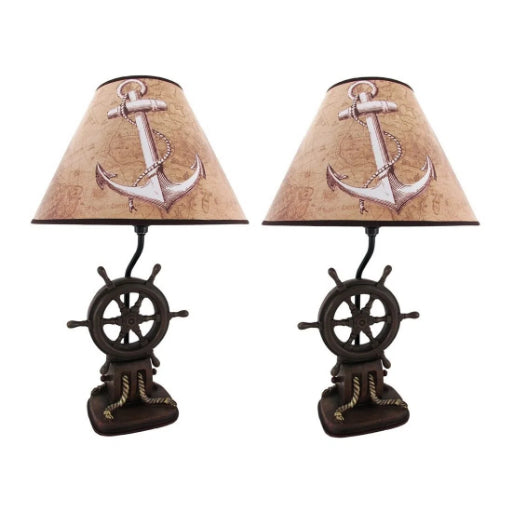 Ensemble de deux lampes de table style nautique en forme de roue de navire