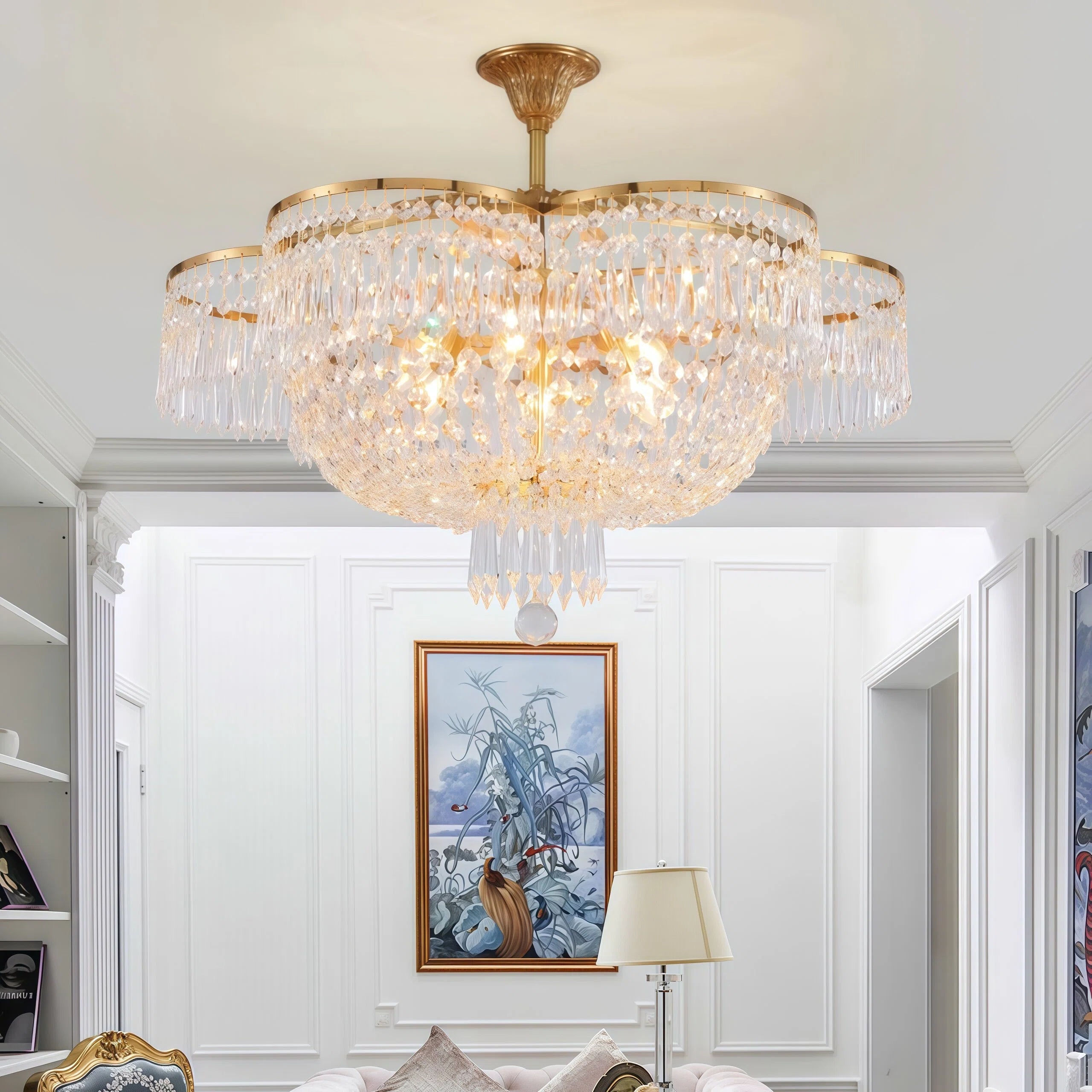 Lustre de luxe en cuivre doré et cristal de 23,6 pouces