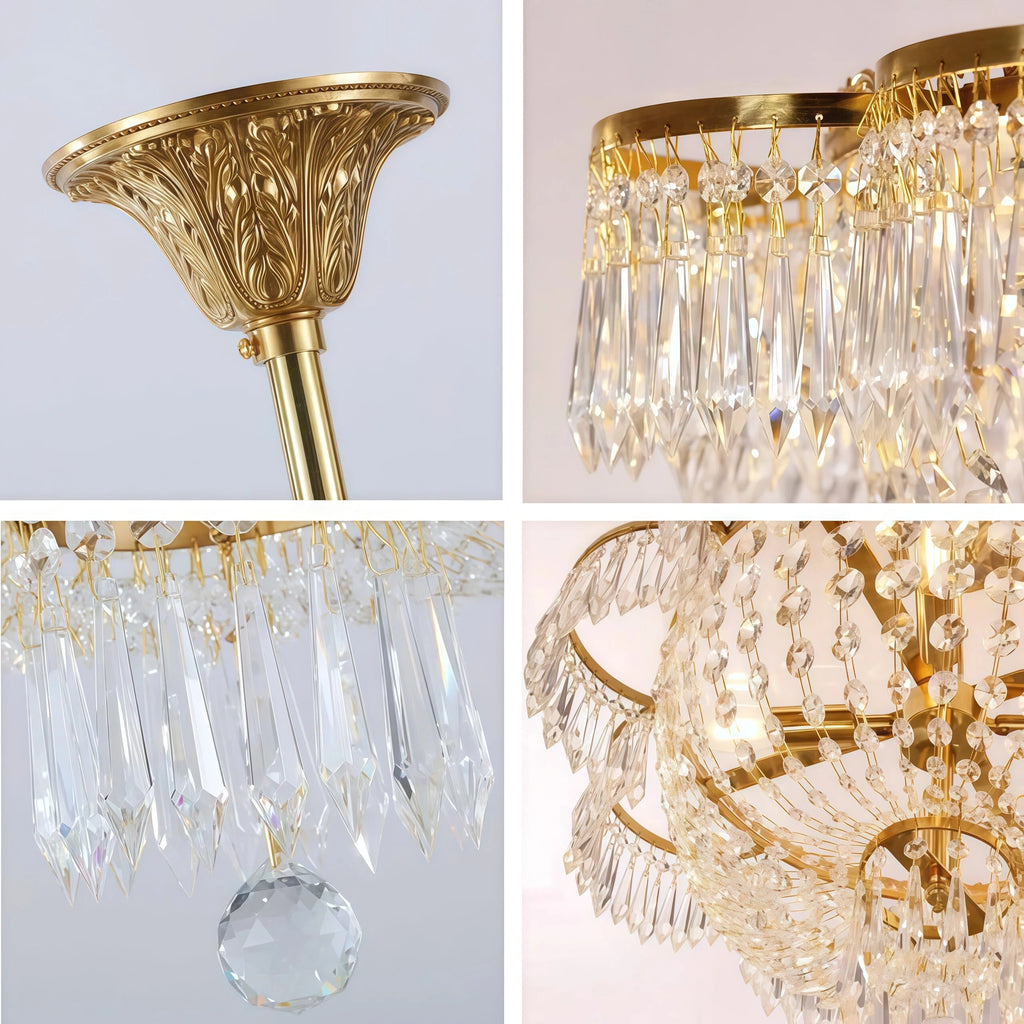 Lustre de luxe en cuivre doré et cristal de 23,6 pouces