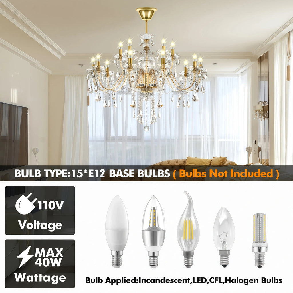 Lustre moderne à 15 lumières en verre et cristal